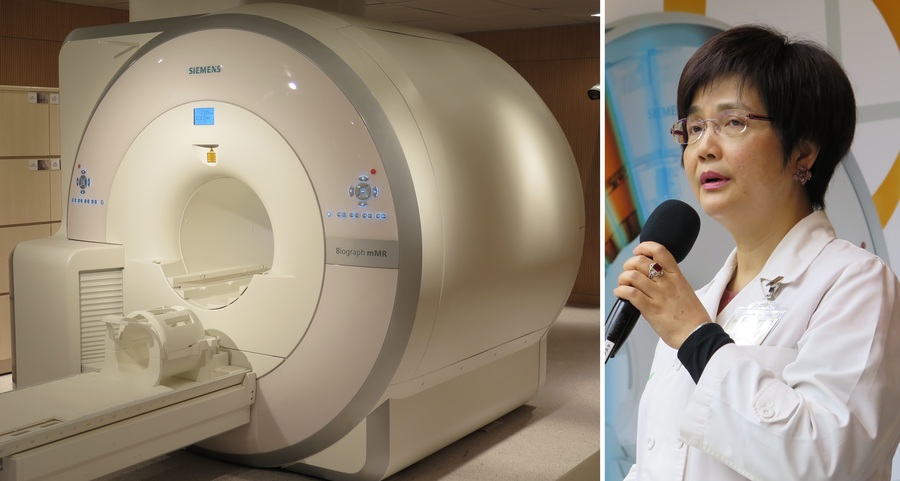 台大影像醫學部主任施庭芳(右)指出,結合磁振掃描與正子造影的「磁振暨正子掃描同步整合系統」(MR-PET),是未來影像醫學趨勢。(photo by李昀澔/台灣醒報)