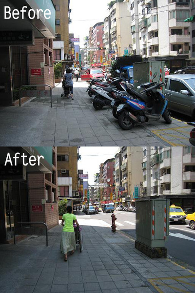 在實施「機車退出騎樓、人行道」措施後,對比今昔成效顯著。(photo by台北市政府交通局)