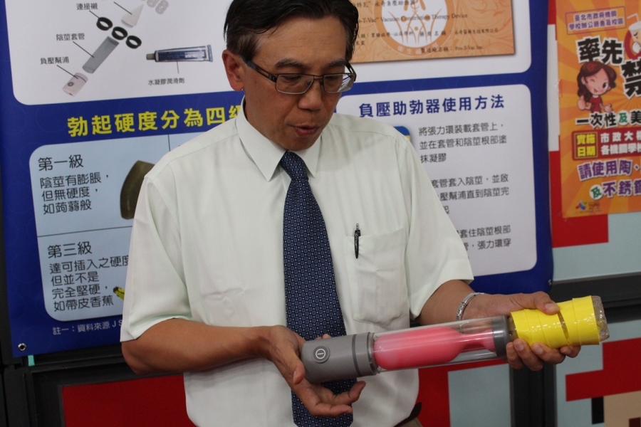會後男性學醫學會理事長黃志賢,親自示範助勃器的使用方法。(Photo by 吳和謙/台灣醒報)