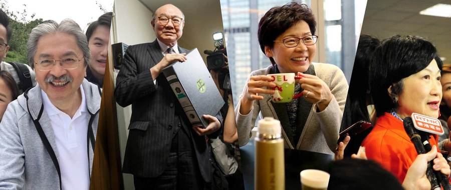 (左起)曾俊華、林鄭月娥及胡國興三人正式成為香港特首選舉候選人,至於親建制的葉劉淑儀(右一),當日支持北京在選舉中作篩選,現時就成了被篩走的受害人。(photo by四人選舉facebook專頁)