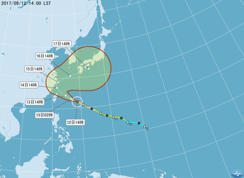 圖說:各國對中颱泰利的中心路徑預測持續往北修正,將擦過台灣東北部,但氣象專家仍提醒,北台灣須慎防豪大雨。(photo by 氣象局網站截圖)