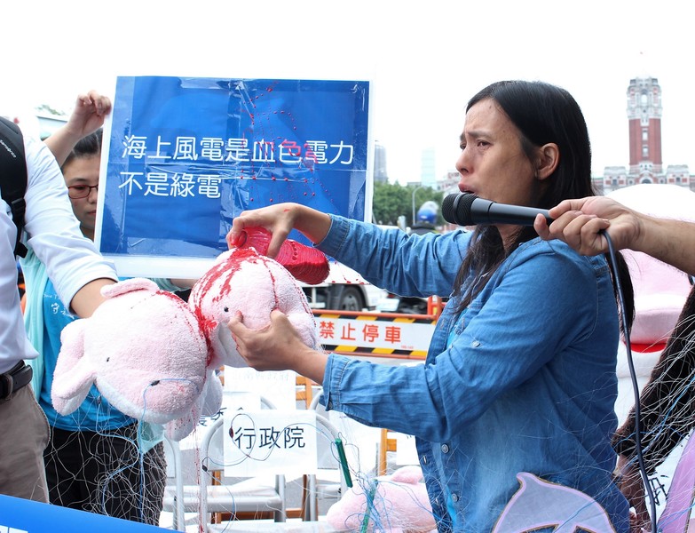 彰化縣環境保護聯盟總幹事施月英在海豚玩偶上淋下血色染料,抗議政府計畫在近海架設離岸風機,將摧毀白海豚棲息地。(photo by 楊蕓/台灣醒報)