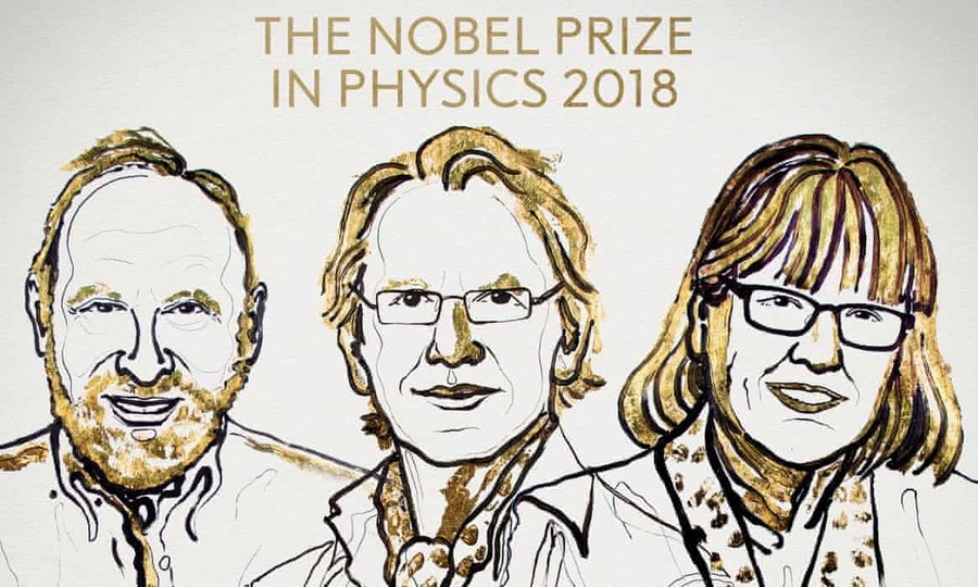 2018年諾貝爾物理學獎3位得主:亞瑟‧阿許金(Arthur Ashkin,美國籍)、傑哈爾‧莫戶(Gérard Mourou,法國籍),以及唐娜‧史崔克蘭(Donna Strickland,加拿大籍)(photo by NobelPrize.org)