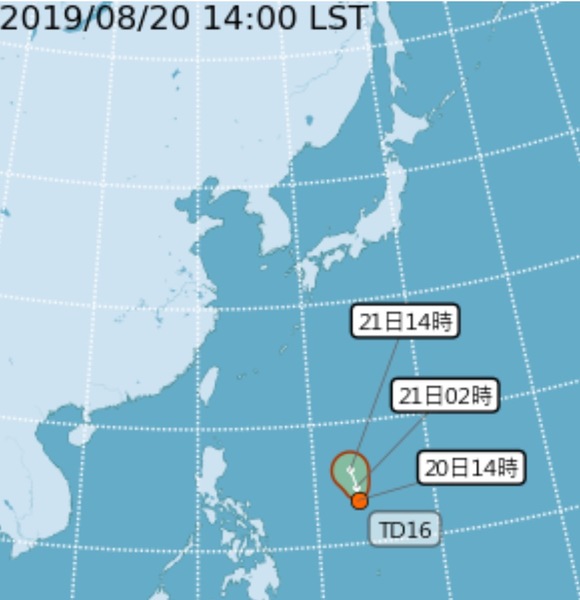 中央氣象局20日表示,菲律賓東方的第16號熱帶性低氣壓最快23日增強為颱風「白鹿」。(氣象局網站)