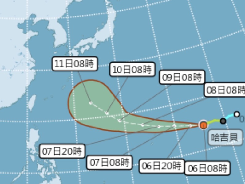 第19號颱風「哈吉貝」於6日凌晨2時形成,氣象局表示,哈吉貝距台仍遠,暫對台灣無明顯影響,目前研判是影響日本。(photo by中央氣象局)