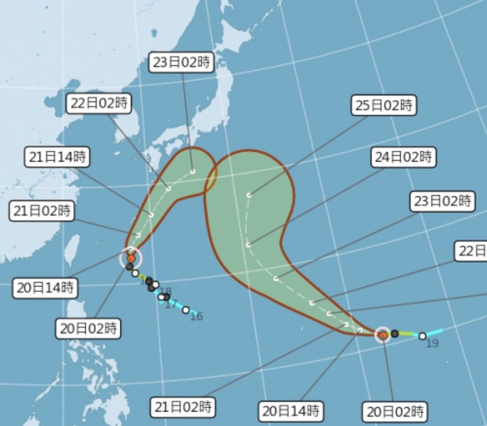 中度颱風浣熊(左)及輕度颱風博羅依(右)20日的路徑潛勢預測圖。(photo by中央氣象局)