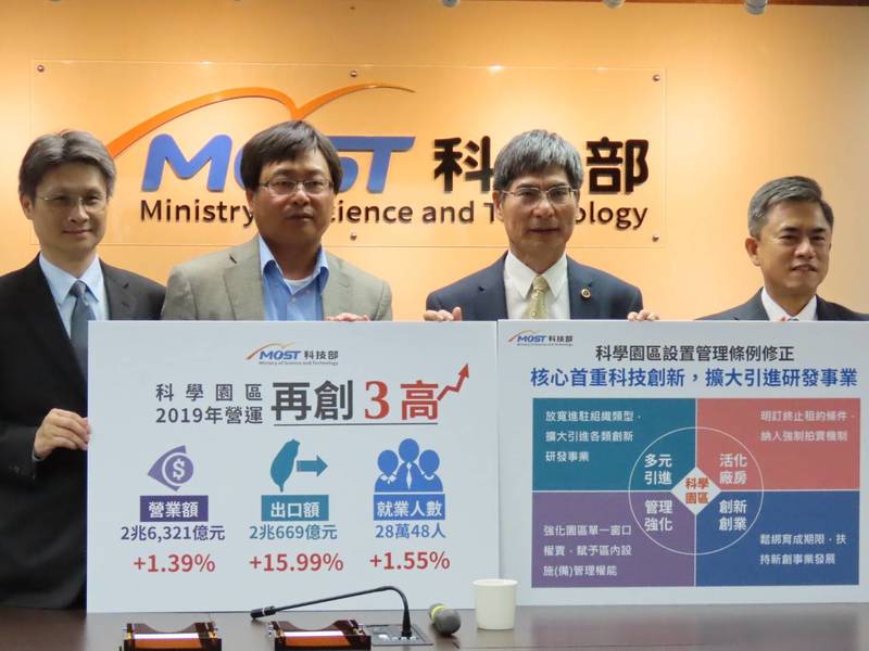 對於今年科學園區的營業額成長,因疫情會持續多久、衝擊多大還未明朗,陳良基(右二)評估是「審慎樂觀」。(Photo by 林祐任/台灣醒報)