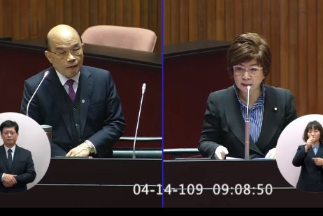 國民黨立委張育美(右)總質詢行政院長蘇貞昌(左),針對醫事人員防疫津貼提問。(photo by 直播截圖)