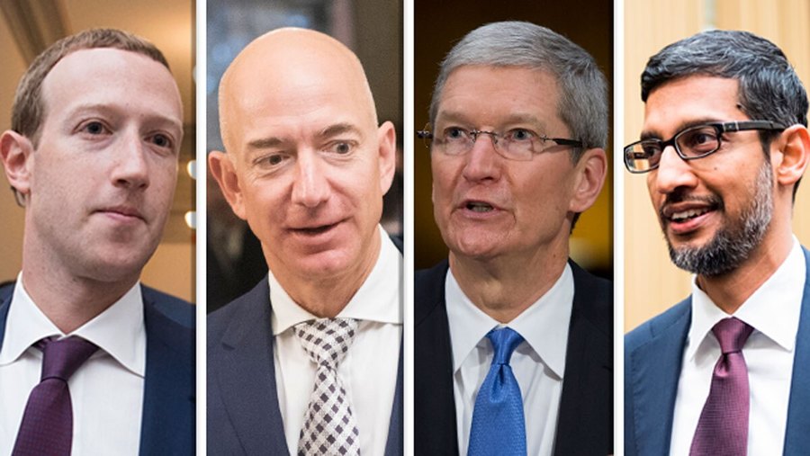 四大科技公司的CEO將出席國會聽證會。左起為臉書CEO祖克柏、亞馬遜創辦人貝索斯、蘋果CEO庫克和Google CEO皮查伊。(Photo from網路截圖)