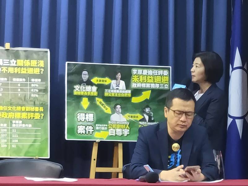 國民黨再度指控綠營介入政府標案,透過自己人擔任評委接綠媒標案,違反行政中立。圖前為羅智強、後為王育敏。(Photo by 呂翔禾/台灣醒報)